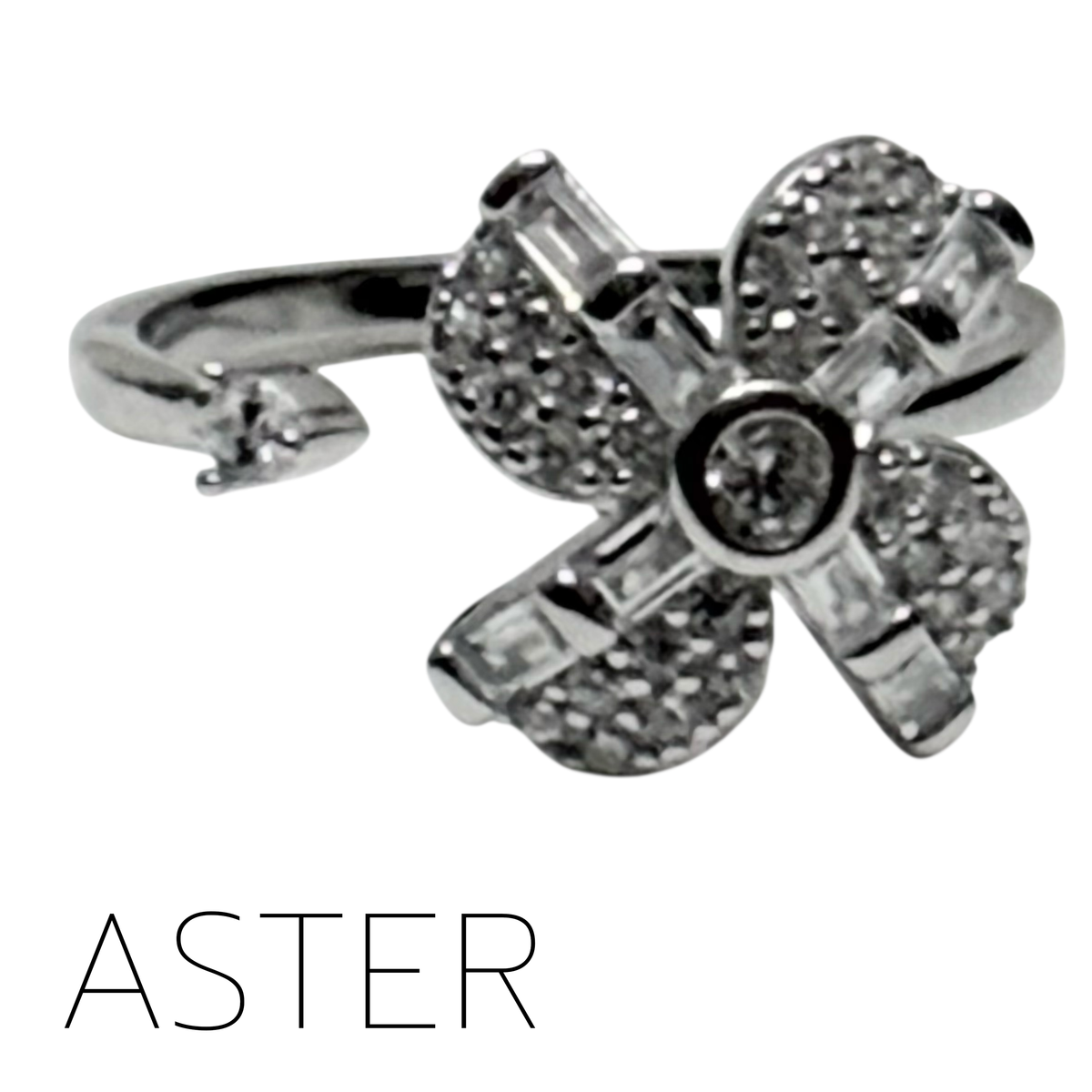 Aster Fidget Ring - Adjustable Sterling Silver 4 Petal Diamante Spinning Flower for Anxiety