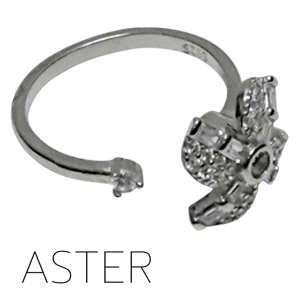 Aster Fidget Ring - Adjustable Sterling Silver 4 Petal Diamante Spinning Flower for Anxiety
