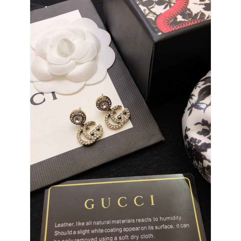 Gucci Double GucciCrystal Pendant 18K Gold Earrings