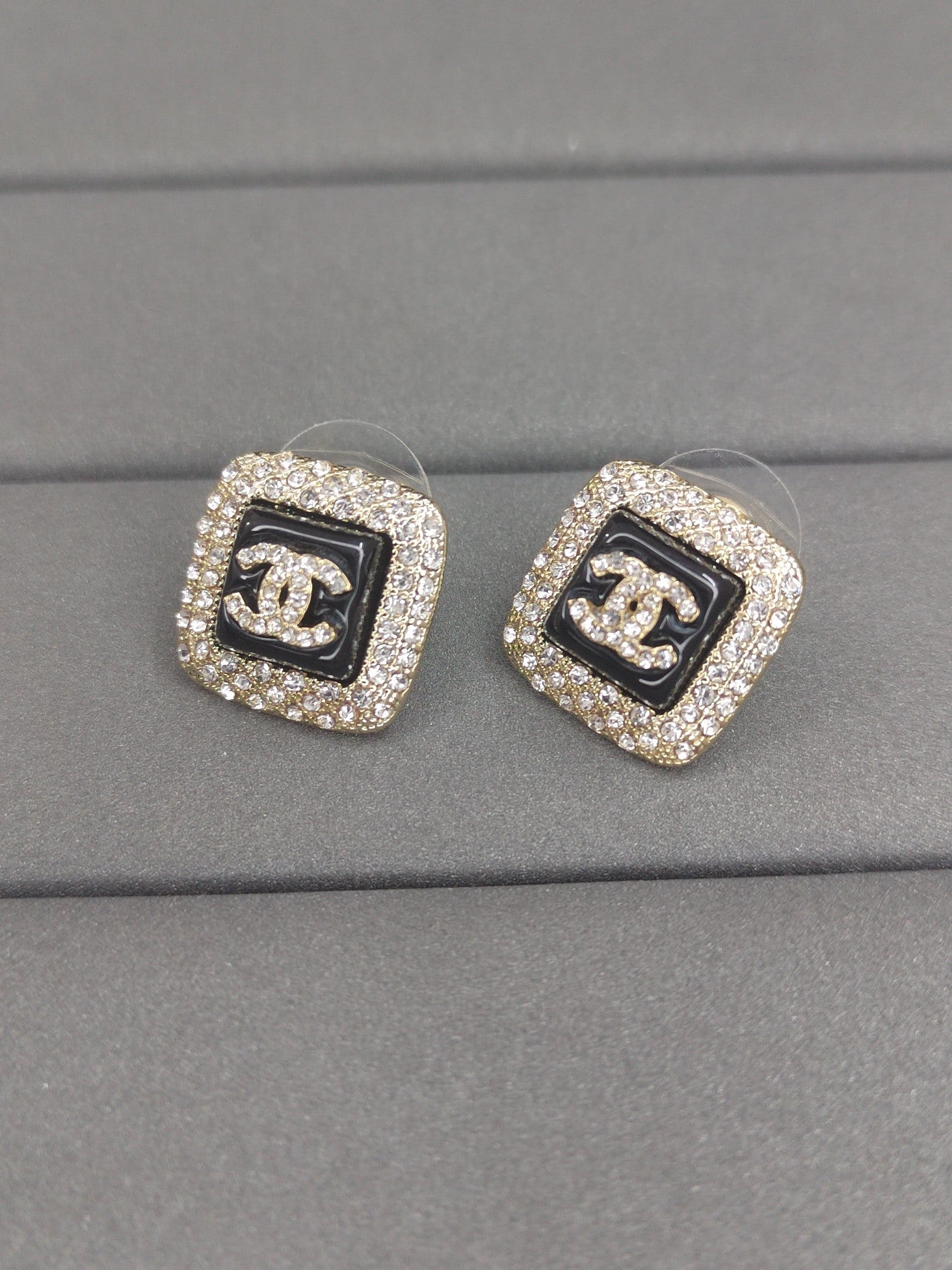 Chanel Diamond Square Black 18K Gold Earrings
