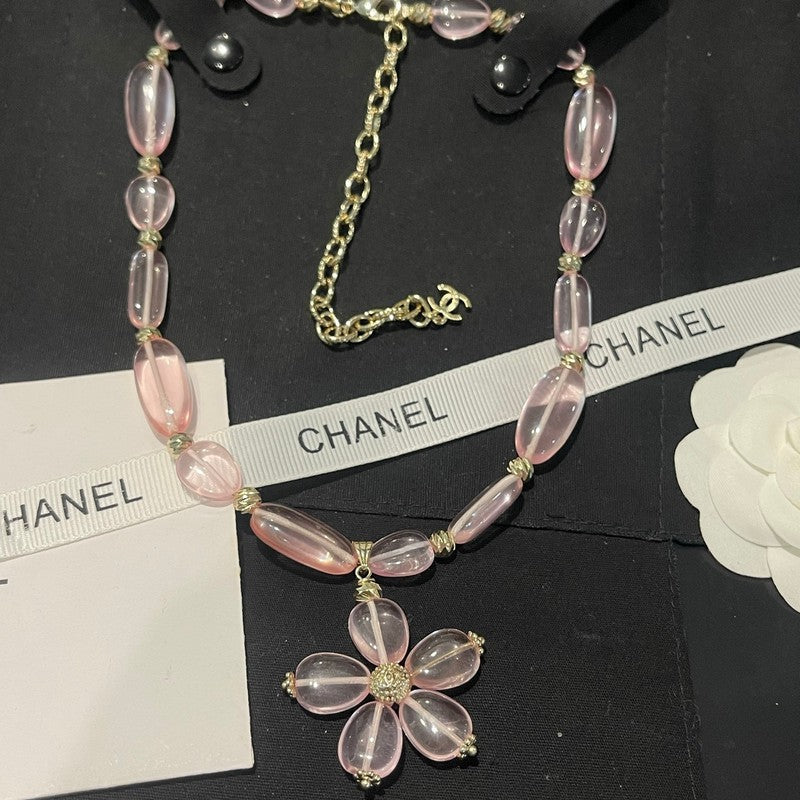 Chanel 26C Pink Crystal Flower 18K Gold Necklace