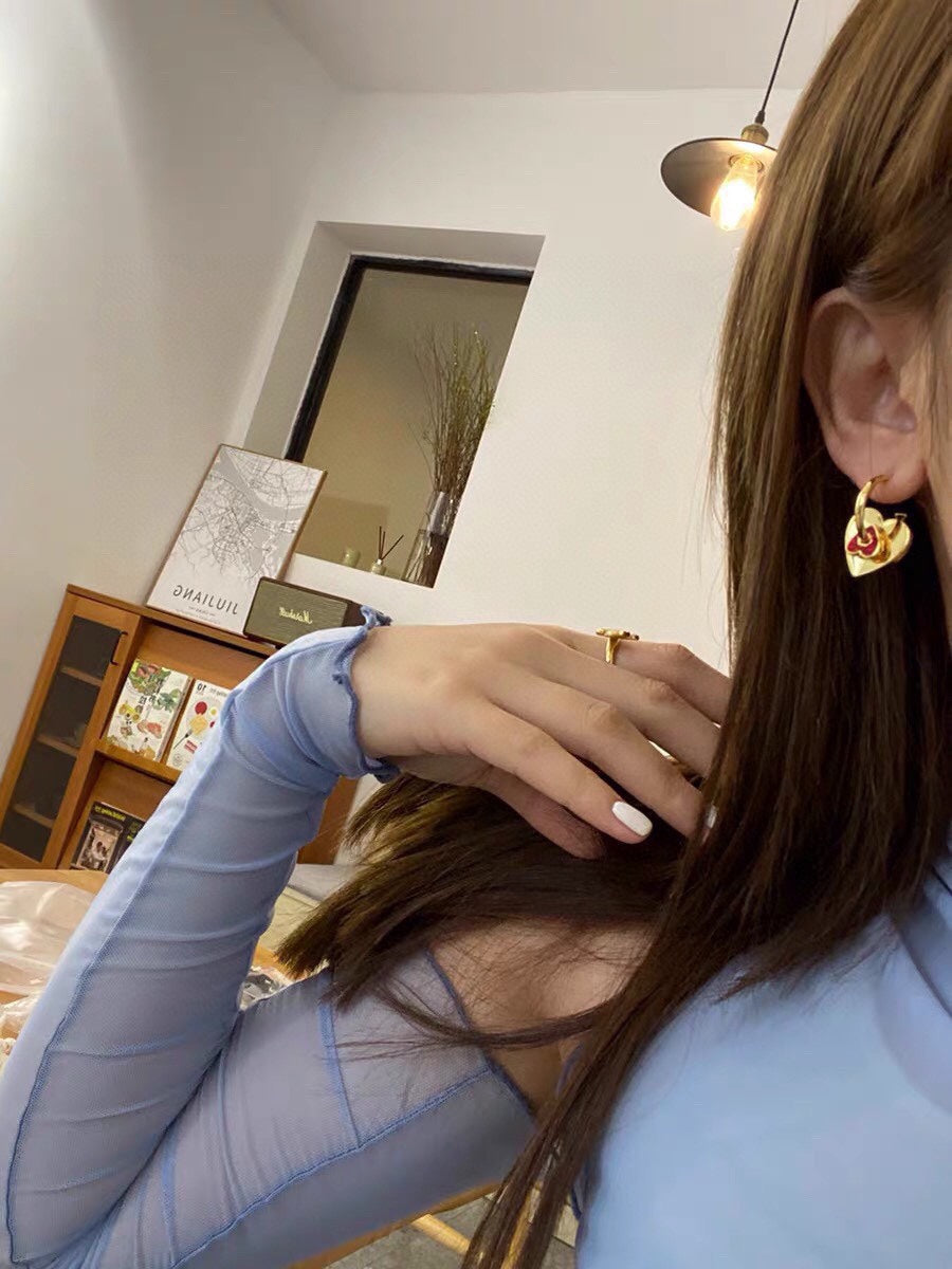 Celine Red Heart 18K Gold Earrings