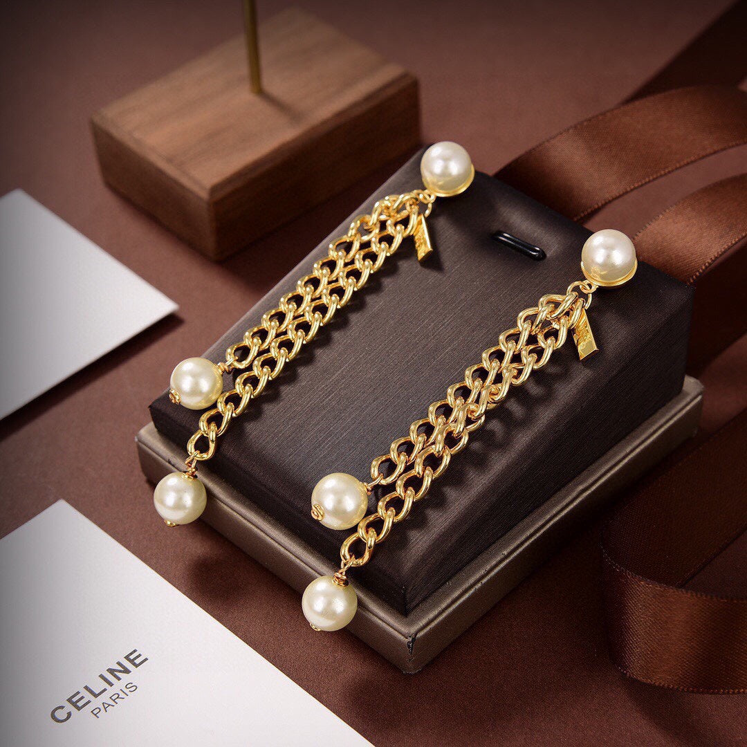 Celine Chain Pearl 18K Gold Earrings