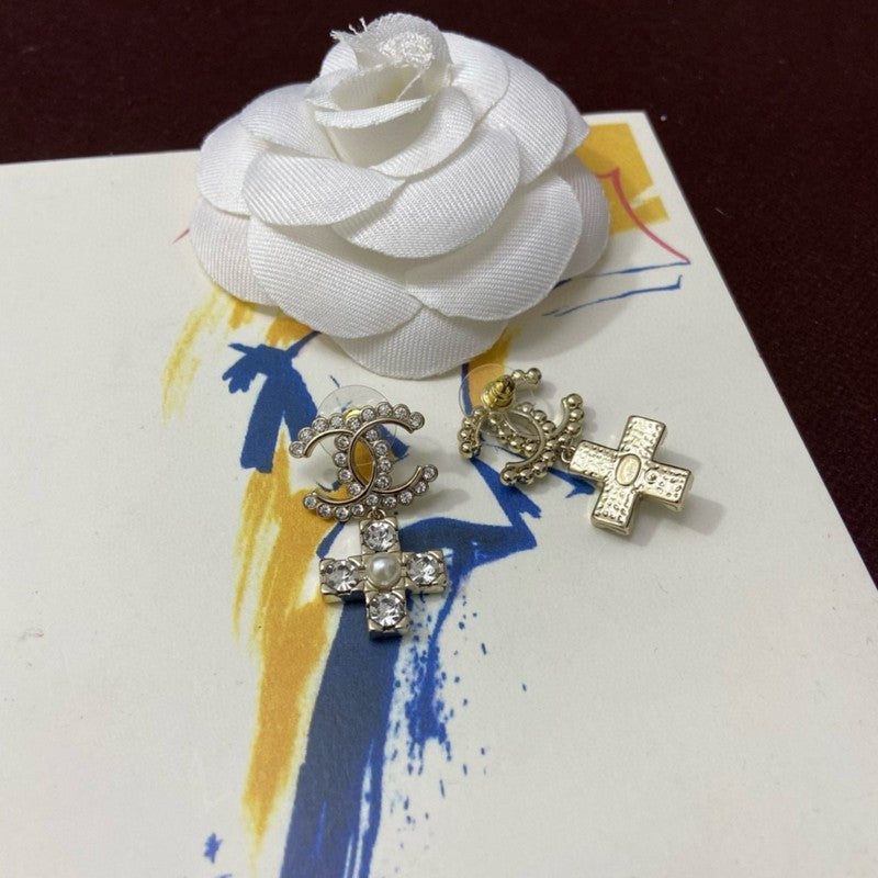 Chanel Cross Pearl & Diamond 18K Gold Earrings